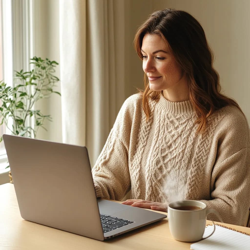 Cliente en visio découverte avec son conseiller, dans un environnement chaleureux