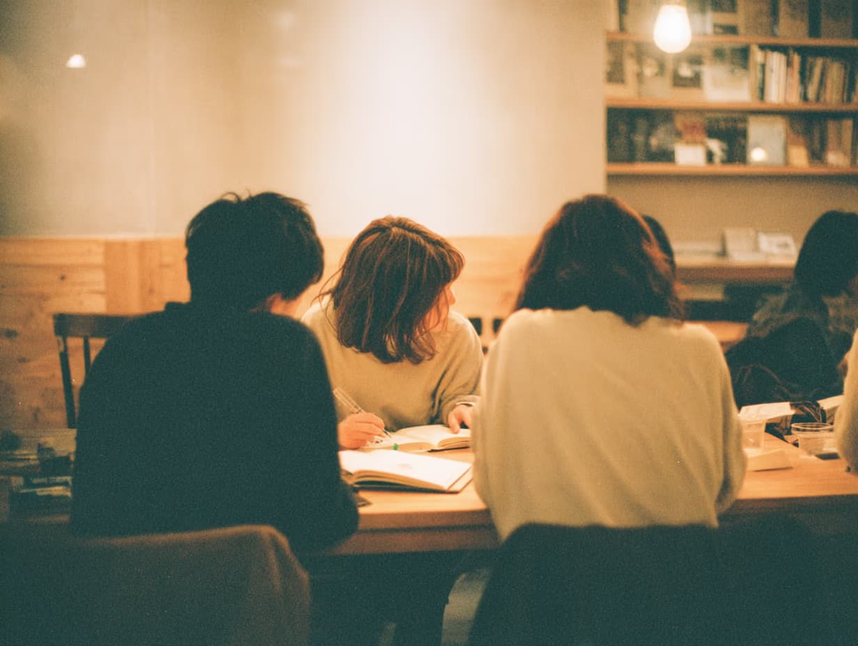 Petit groupe assis autour d'une table en atelier, vu de dos, avec étagères de livres en arrière-plan