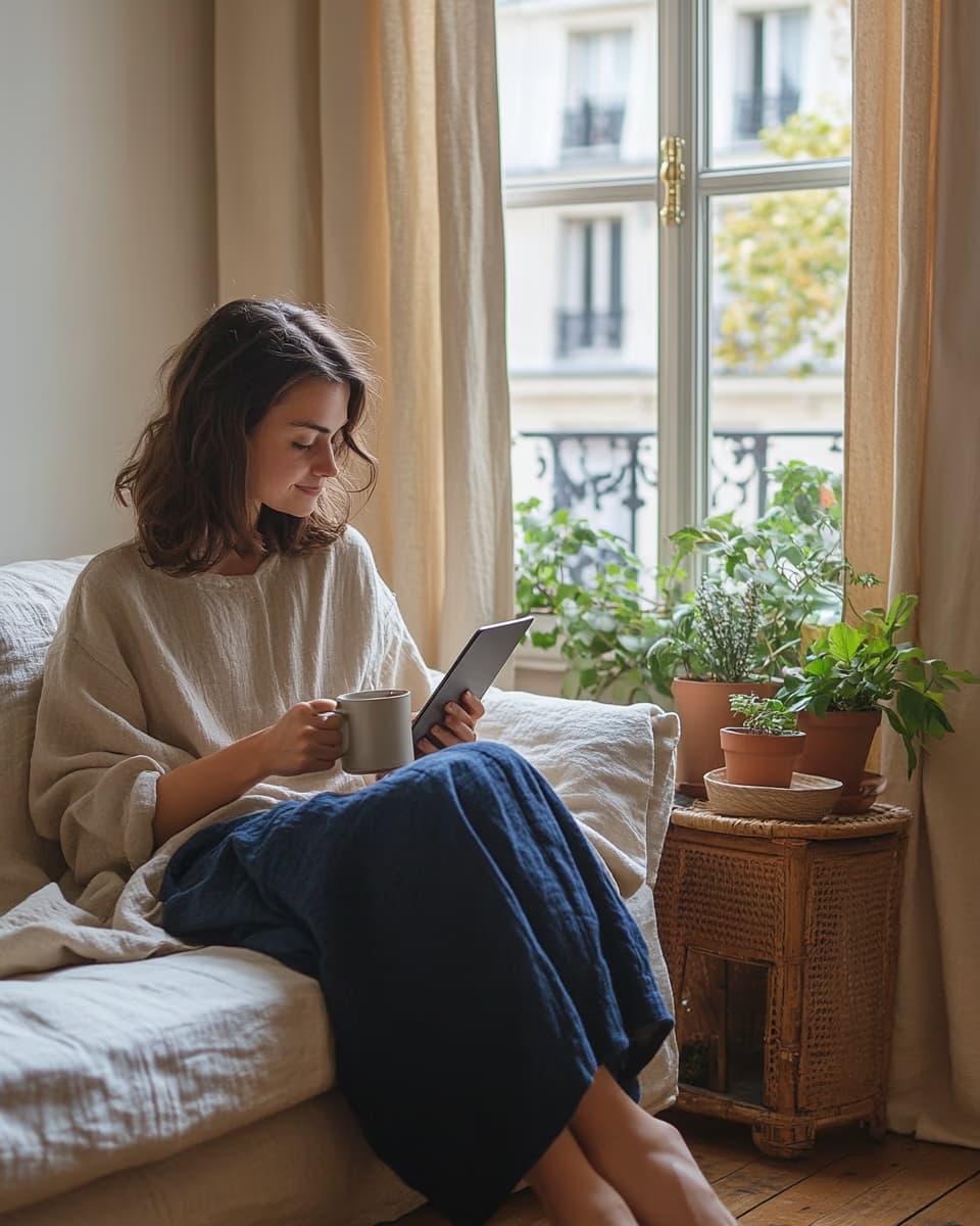 Personne lisant tranquillement chez elle, lumière naturelle douce