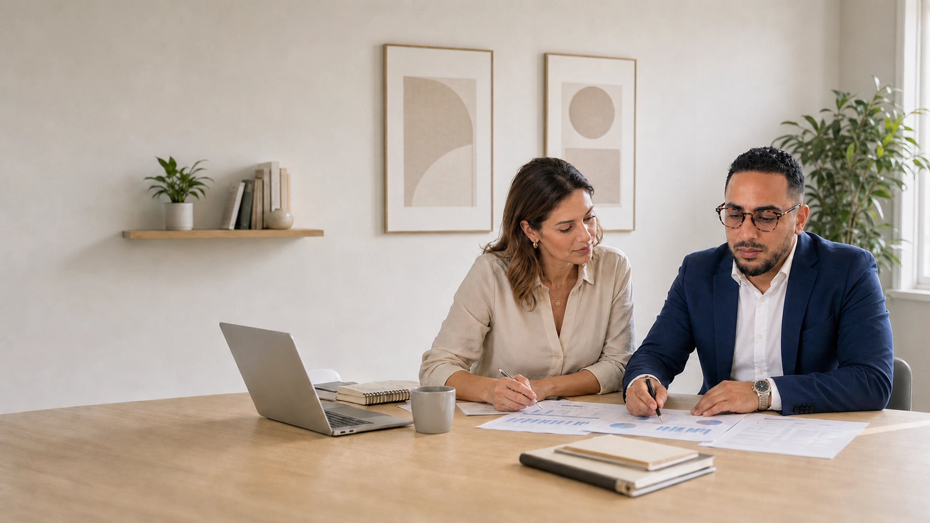 Un conseiller RH Consulting accompagne une dirigeante dans l'étude de ses documents RH