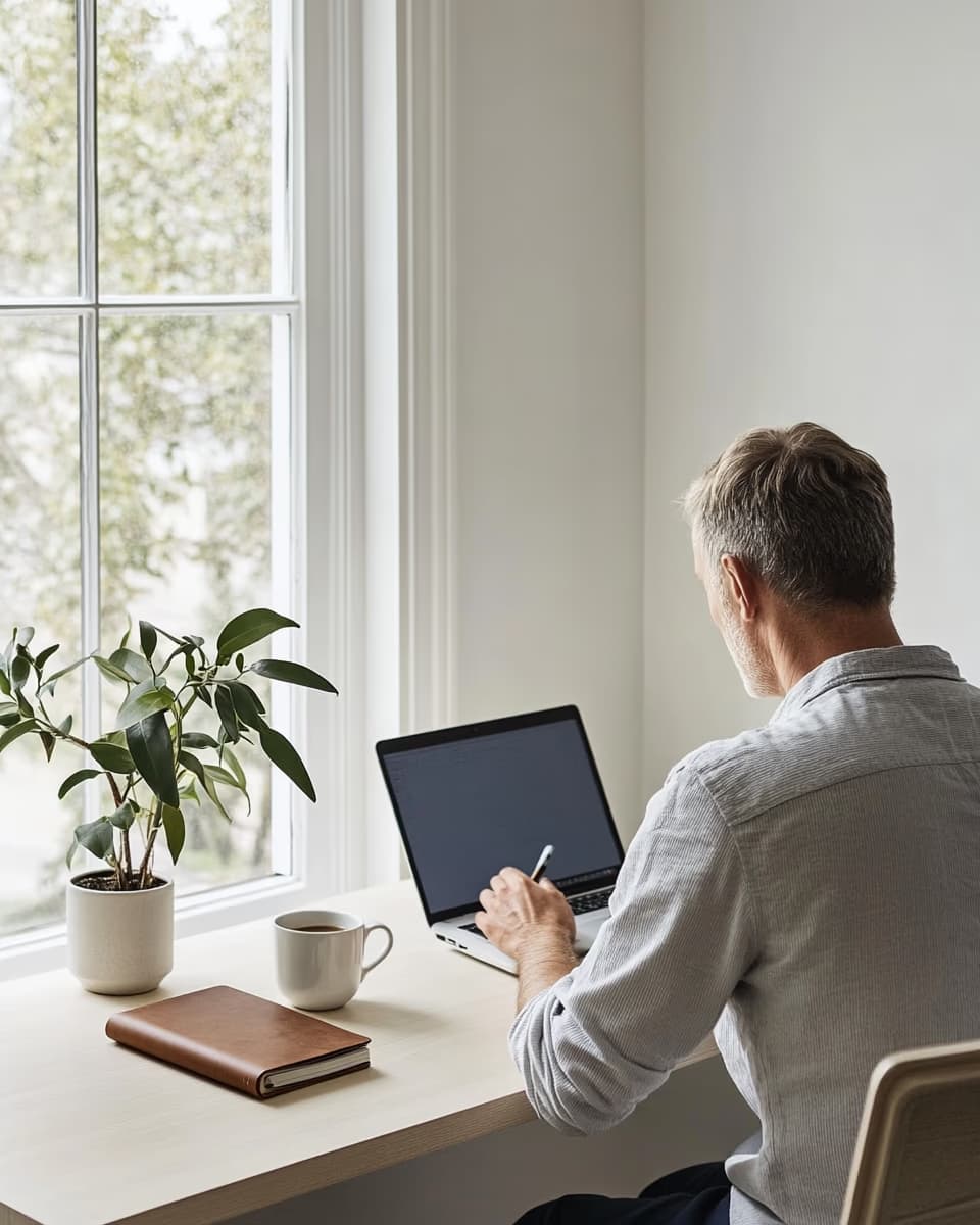 Dirigeant indépendant au travail dans son bureau, lumière naturelle