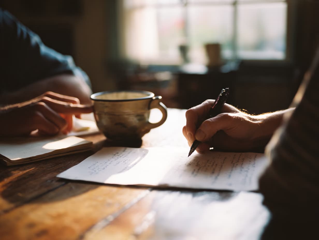 Deux personnes autour d'une table, l'une prenant des notes pendant l'échange