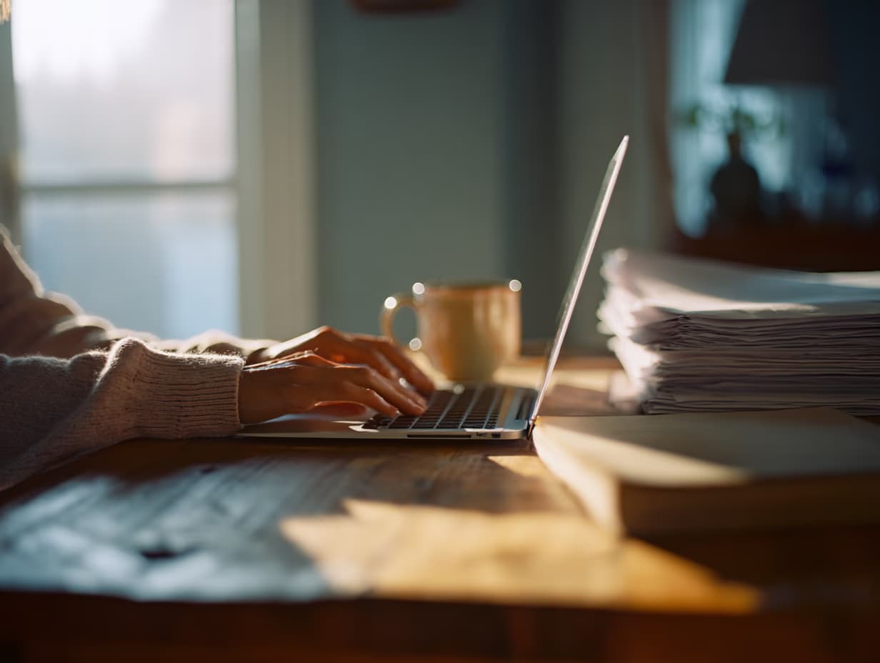 Mains sur le clavier d'un ordinateur portable, à côté d'une pile de documents et d'une tasse